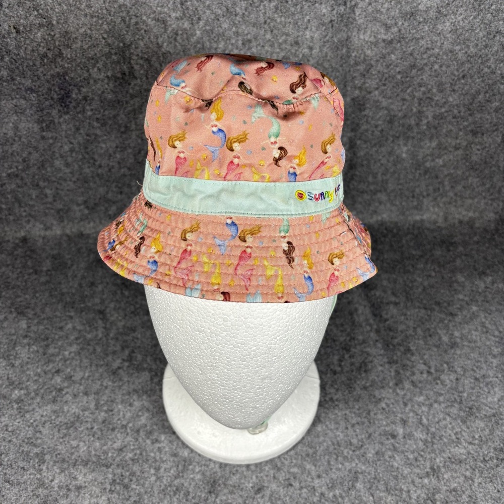 Sunny Dayz Girls Mermaid Bucket Hat Size 51cm 3-5 Years Pink Beach Sun Hat Strap